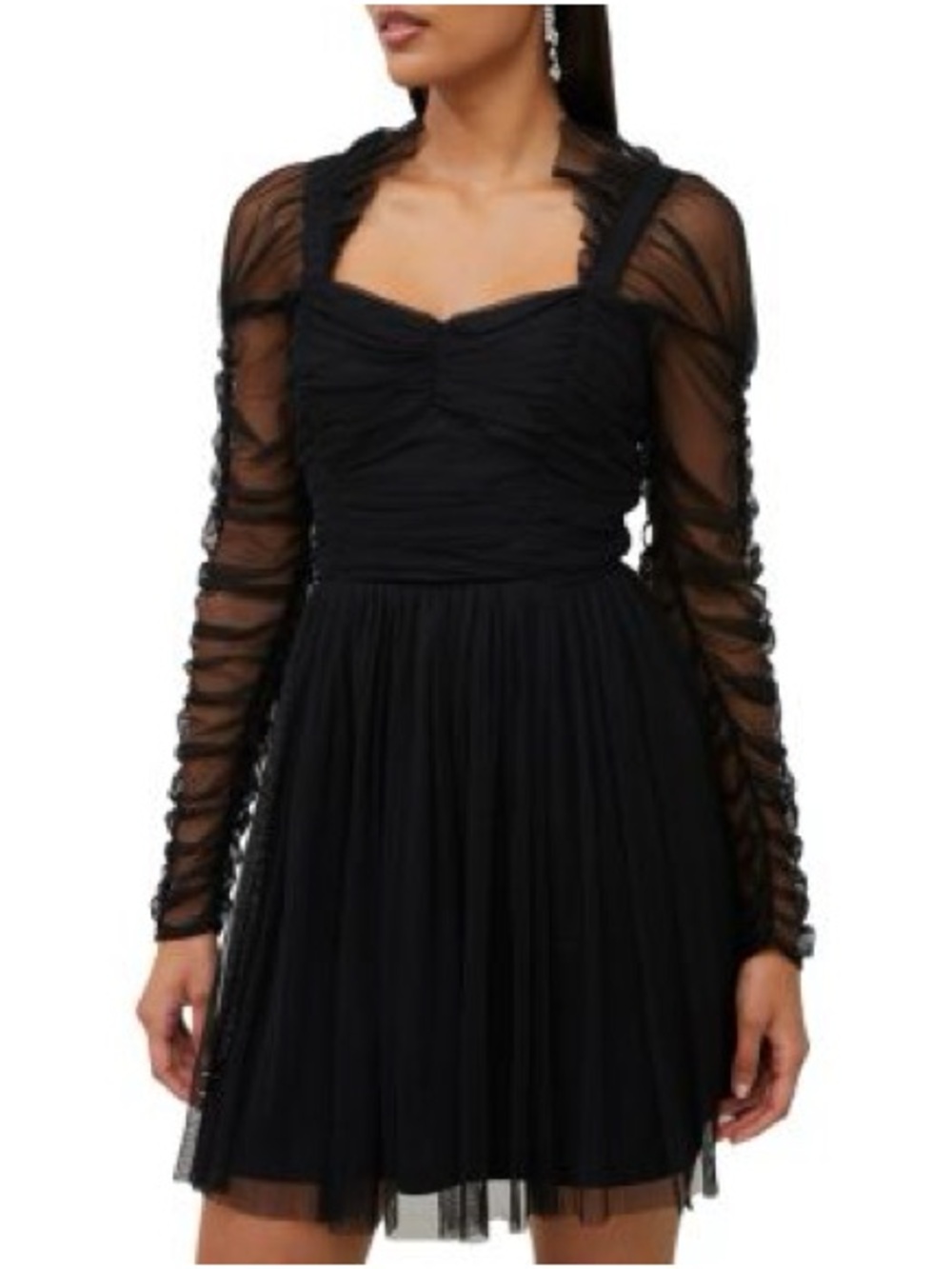 French Connection Edrea Tulle Black Long-Sleeve Mini Dress